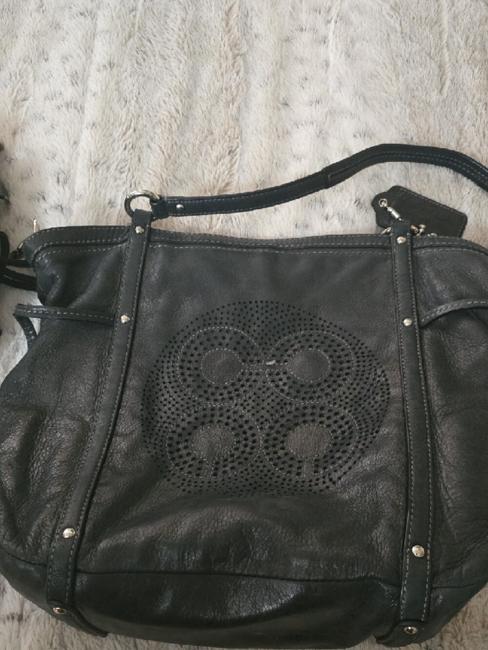 Black Coach Women's Leather Tote Bag with Perforated Detail - Picture 11 of 11
